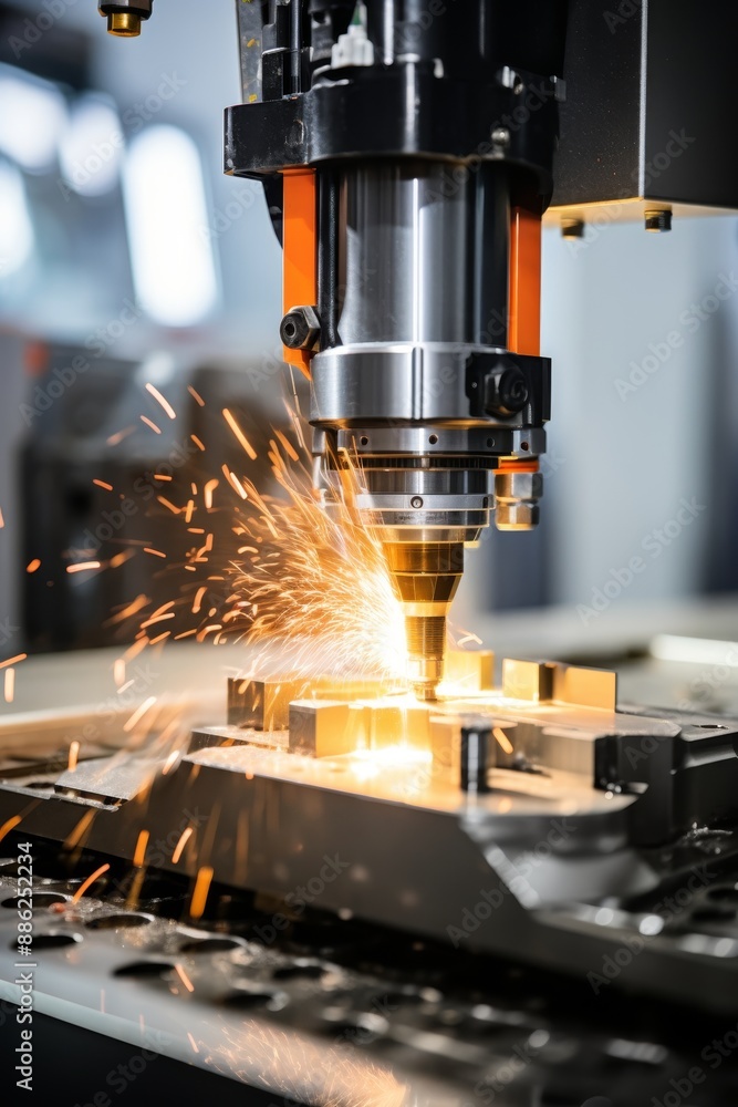 Poster close up of cnc milling machine crafting intricate metal shape with sparks in precision process