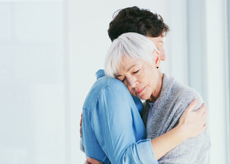 Women, senior mom and sad hug with empathy for mental health, depression and together for support...