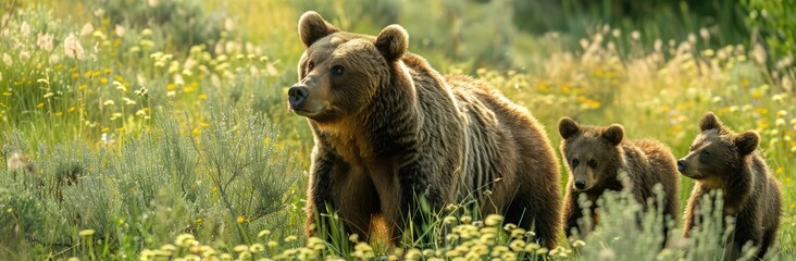 Obraz premium Brown Bear Family Amidst a Field of Yellow Flowers