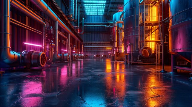 Industrial Interior With Neon Lights And Water Reflections, Futuristic Factory Setting, Cyberpunk Style
