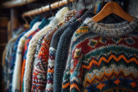 Row of colorful knitted wool sweaters are hanging on a clothing rail in a store