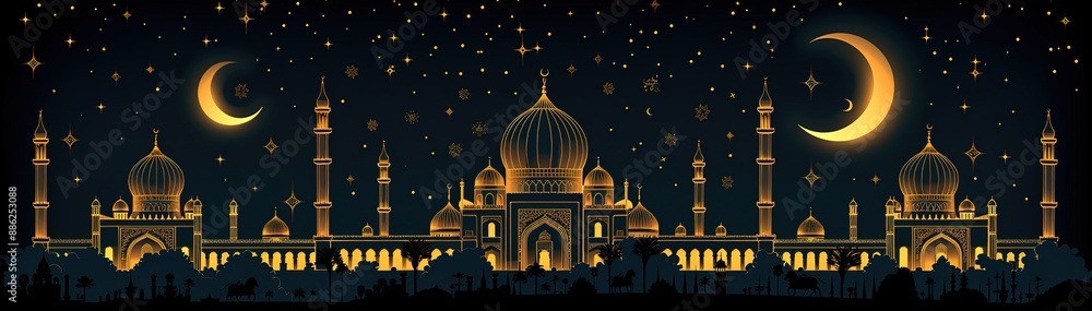 Wall mural A beautiful cityscape with a large mosque and two crescent moons in the sky