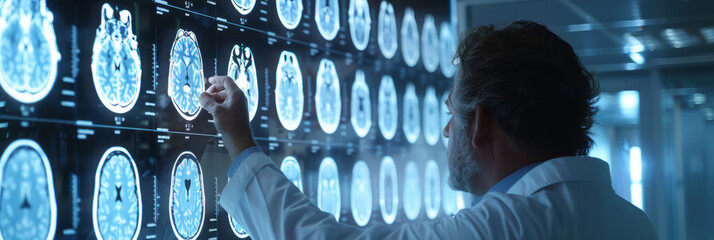 A doctor using a holographic interface to review a patient's brain scan results
