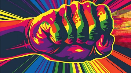 Fototapeta premium bold colorful protest poster featuring powerful rainbow fist symbolizing the fight for LGBTQ rights and equality The poster is designed with striking typography and vivid colors
