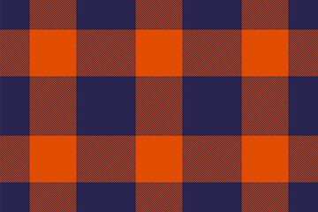 Manufacture seamless check textile, american background plaid texture. Ireland fabric pattern vector tartan in indigo and orange colors.