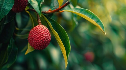 Obraz premium Sun-Kissed Lychee Amongst Vibrant Foliage, Highlights Nutritional Benefits, Ideal for Health and Wellness Markets