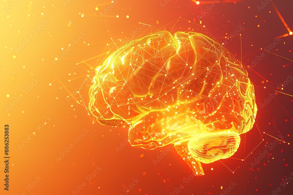 Poster a brain is shown in a computer generated image with a yellow background