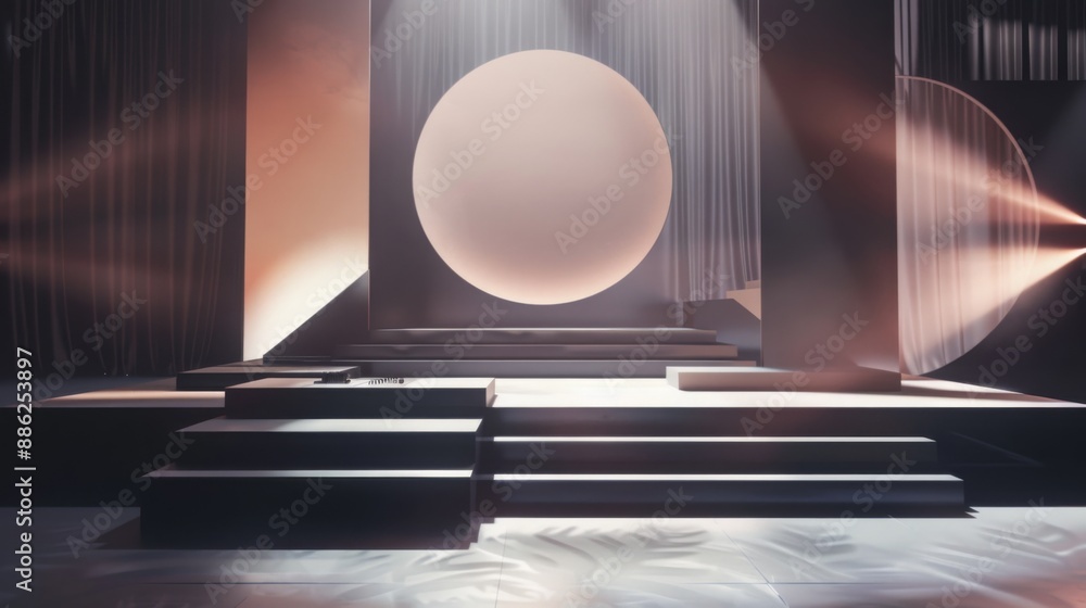 Aufkleber a modern stage with a large, circular light shining down on a series of steps.
