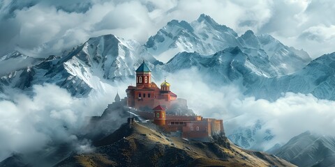 Majestic Mountain Monastery Amid Serene Snowy Peaks and Cloudy Skies