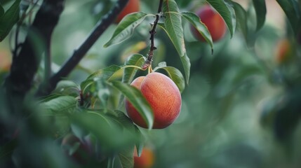 Ripe Nectarine Hanging on Branch, Sunlit with Lush Green Leaves, Perfect for Summer Fruit Displays, Highlighting Freshness and Natural Beauty