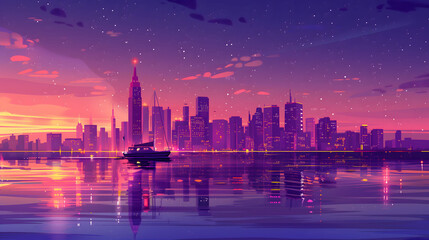 Obraz premium Vibrant Skyline Cityscape with Cruise Ship at Dusk, Digital Illustration in Stylized, Flat Design