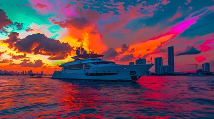 Sunset cruises in Miami, Pop Art style, vibrant sunset colors, bold shapes