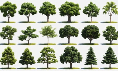 Variety of trees with green foliage isolated on white backdrop