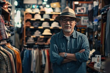 Fototapeta premium Confident mature male business owner standing with arms crossed in his clothing store