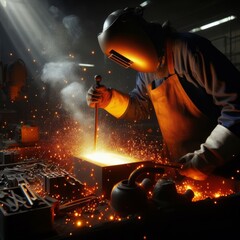 Welder in action with bright sparks flying, working on a metal piece in a dark workshop.