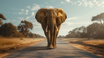 Obraz premium Elephant Walking on a Road Through a Savannah
