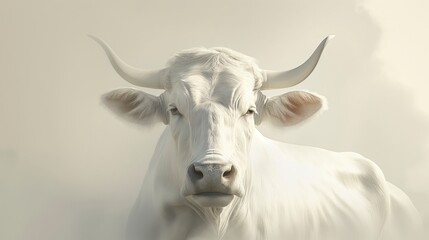 Naklejka premium Front view of a white bull with large horns and a neutral expression against a beige gradient background.