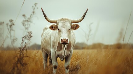 A white longhorn cattle standing in a golden grassy field with a cloudy sky in the background.