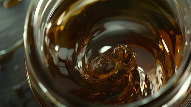 A closeup of a jar of turpentine with its thick and glossy liquid swirling inside.
