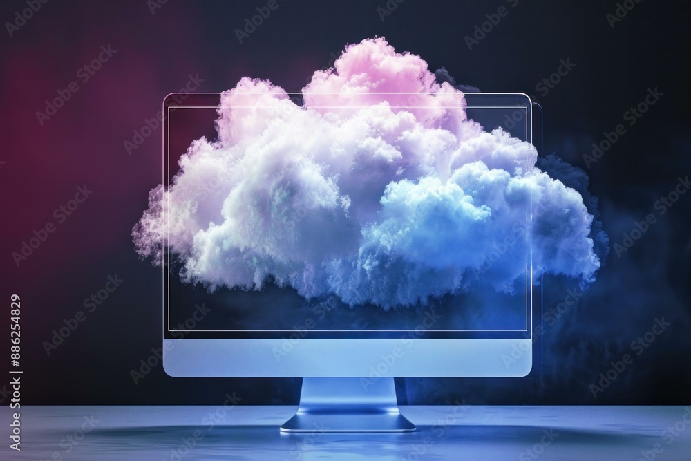Poster desktop computer showing a cloud computing concept with neon colors