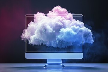 Desktop computer showing a cloud computing concept with neon colors