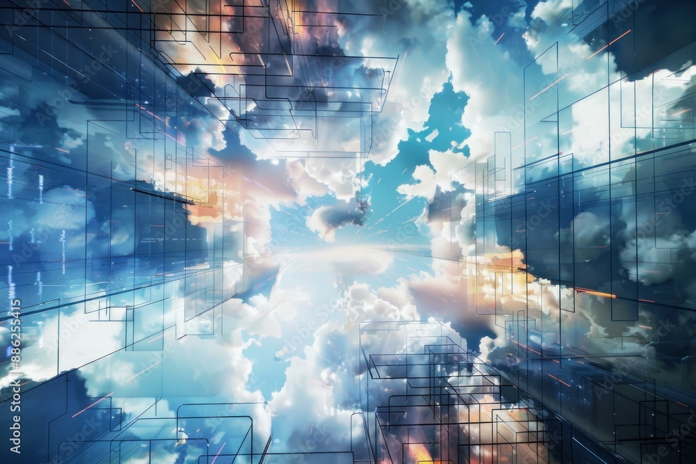 Poster abstract technology background showing connections going up into a cloudy sky
