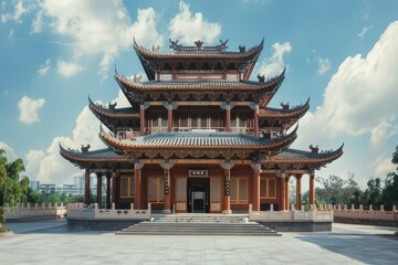 Fototapeta premium A modern building featuring numerous windows set against a sky backdrop, Create a fusion of traditional Chinese architecture with futuristic elements