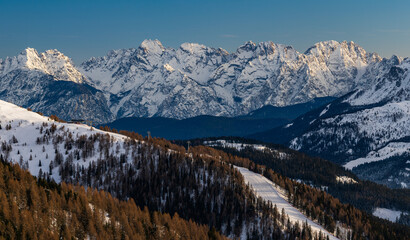 The Three Peaks (Drei Zinnen, Tre Cime) ski resort in the UNESCO World Heritage site Dolomites in Italy.