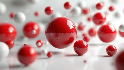 A bunch of red and white balls are scattered around a white background