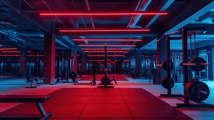 A modern gym interior with red and blue lighting featuring various weightlifting equipment such as barbells, benches, and squat racks.