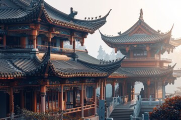 Traditional Chinese buildings lined up next to each other in a traditional architectural setting, Create a fusion of traditional Chinese architecture with futuristic elements