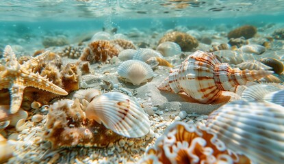 Underwater photography of beautiful seashells and starfish on the sea bottom, close-up, light colors, high resolution,