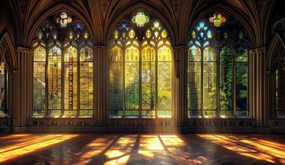 Obraz premium A grand hall with large windows adorned in intricate stained glass, casting colorful light across the room.