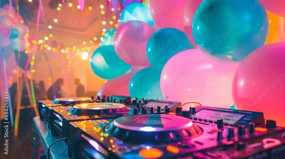 Poster a dj mixer sits in the foreground, with a blurred background of a party with colorful balloons and p