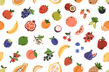 Fruit and berry pattern. Seamless background, healthy summer food mix, repeating print. Texture design with banana, strawberry for wrapping, fabric, textile, wallpaper. Flat vector illustration