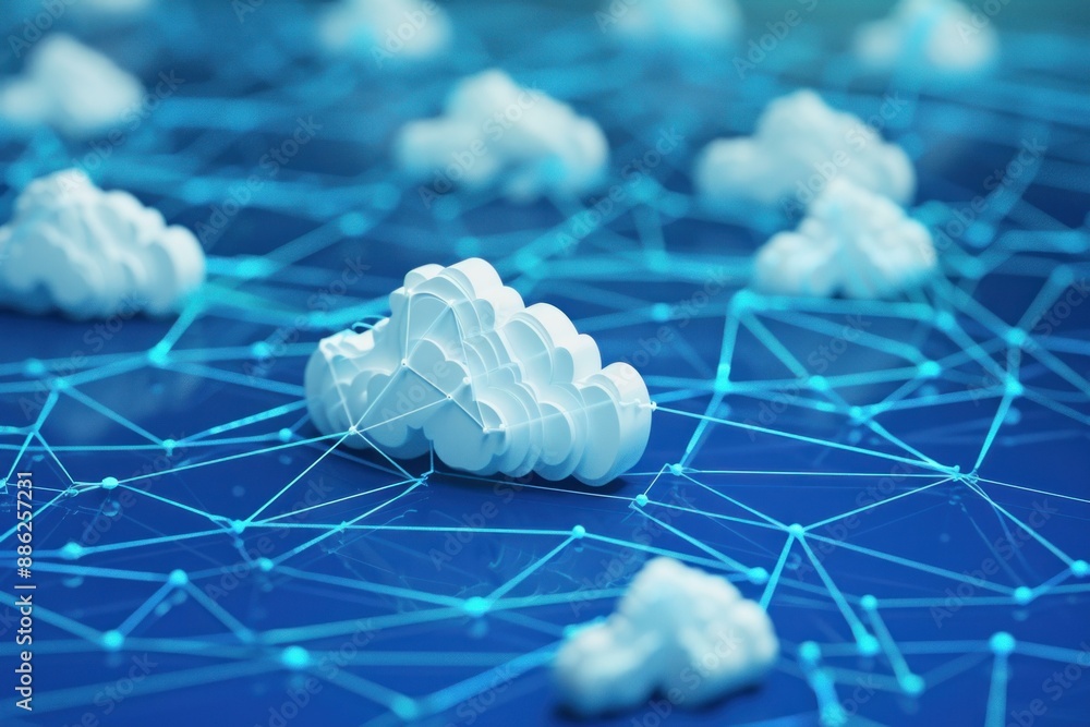 Poster Cloud computing network connecting digital clouds for data storage and online access