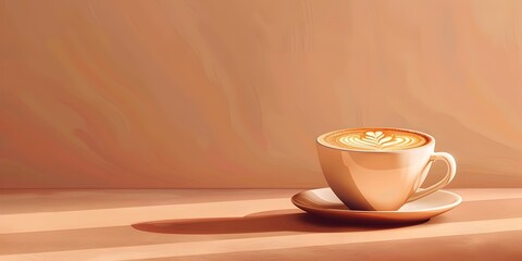 Elegant Cappuccino with Artful Foam Latte in Warm Tones on Wooden Table