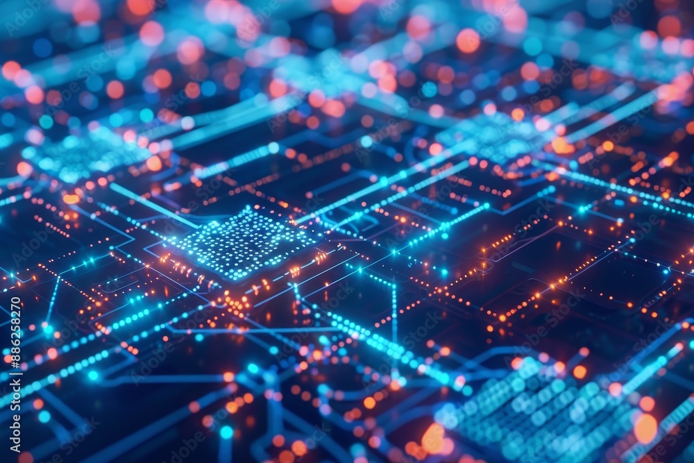 Poster a computer circuit board with glowing lights creating a futuristic and tech-savvy atmosphere, create