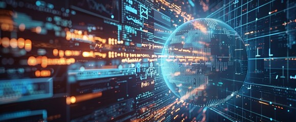 Obraz premium A digital globe surrounded by flowing data streams and bokeh lights, illustrating global connectivity and advanced technological networks.