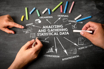 Analyzing and gathering statistical data. Illustration with icons, arrows and keywords on a black chalkboard background