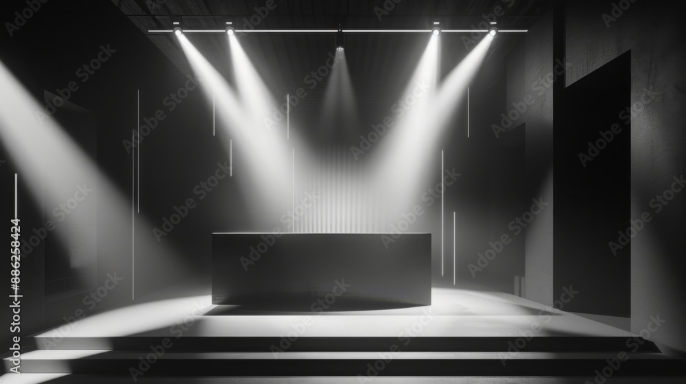 Aufkleber a dark stage with spotlights illuminating a long, rectangular platform. the stage has two steps and 