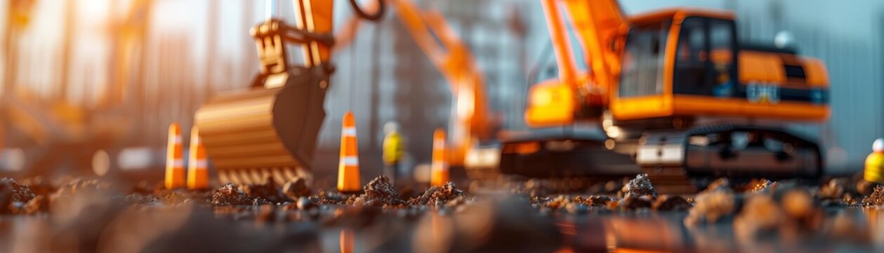 construction workers rebuilding infrastructure post-disaster, field of dept deep odject, all cover focus text, for spacecopy