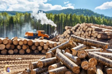 Wood pellet production impact  forest scene showing deforestation with pile of pellets