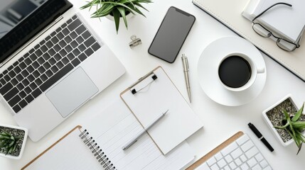 Modern White Office Desk with Laptop, Notepad and Coffee.