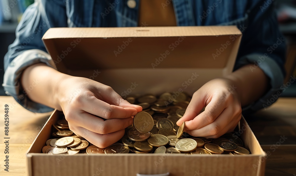 Poster hands sorting golden coins in a cardboard box
