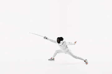 Fencer dressed in full white attire, including mask, executing long leap with their rapier thrust...