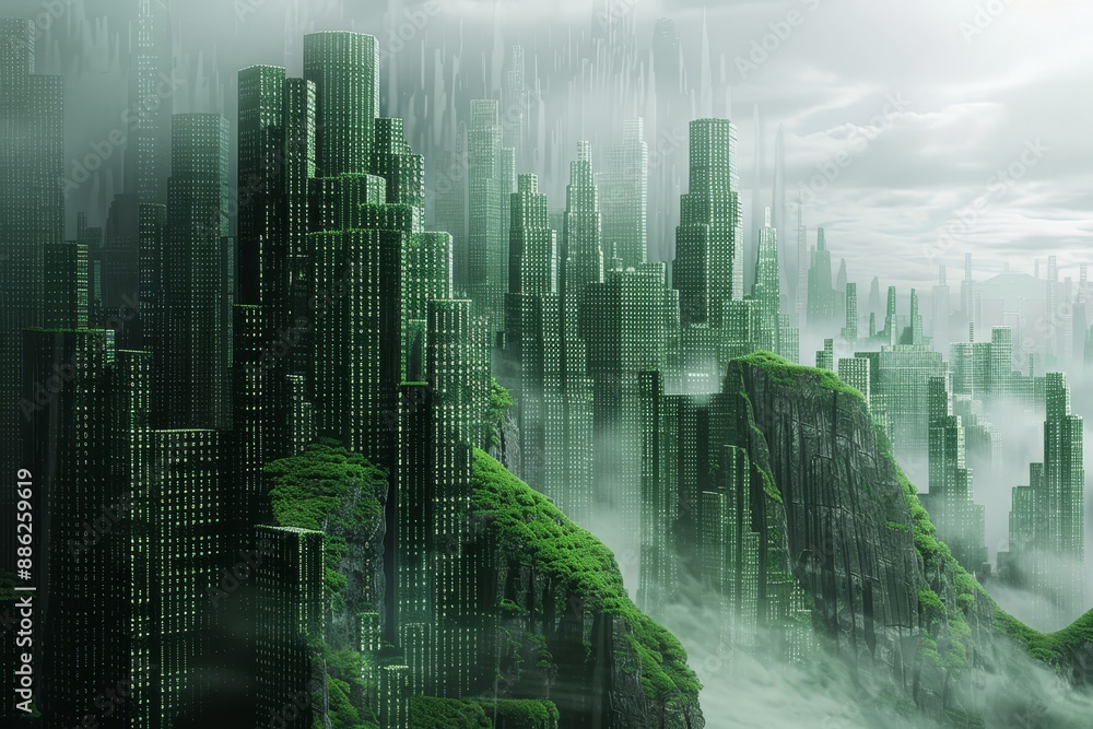 Poster a cityscape of futuristic buildings standing tall in the midst of thick fog in the sky, create a fut