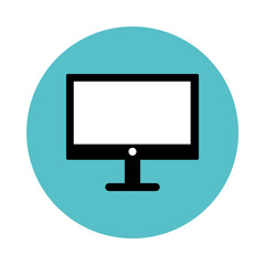 Vector icon of computer, computer monitor flat design with circle background with shadow.