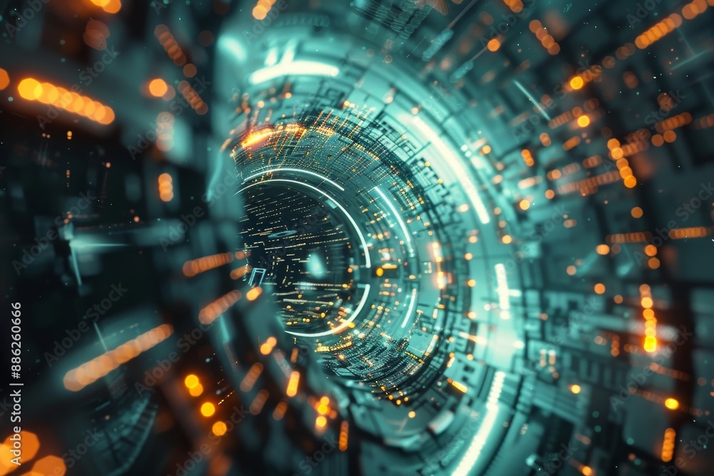 Poster bright lights illuminate a futuristic tunnel, creating a vibrant and high-tech atmosphere, create a 