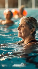 Obraz premium Elderly woman relaxing while swimming in a pool, with soft sunlight reflecting on the water creating a peaceful atmosphere.